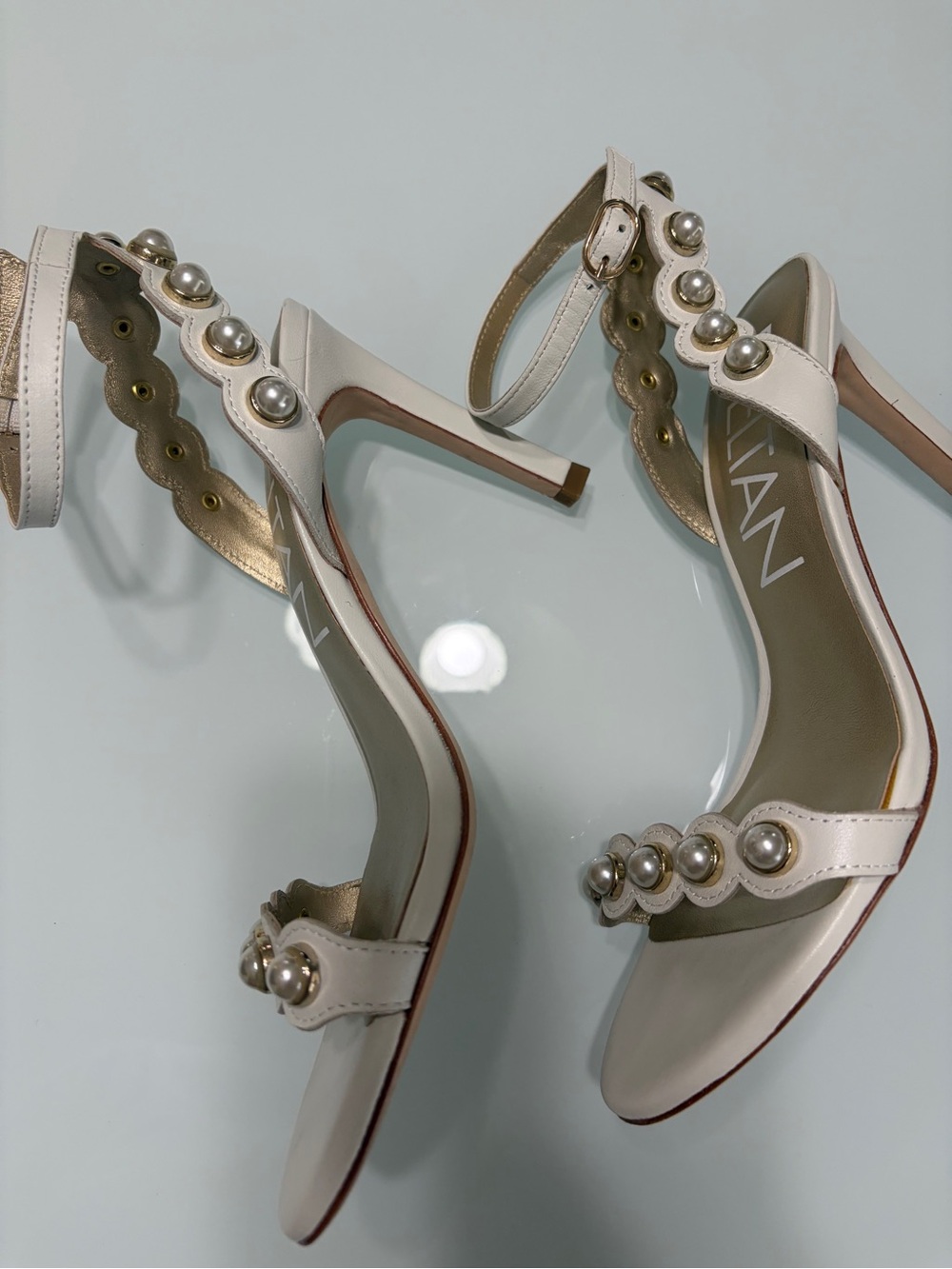 DeltanPearl-Trim Ankle Strap Heels in Cream - Picture 3 of 8